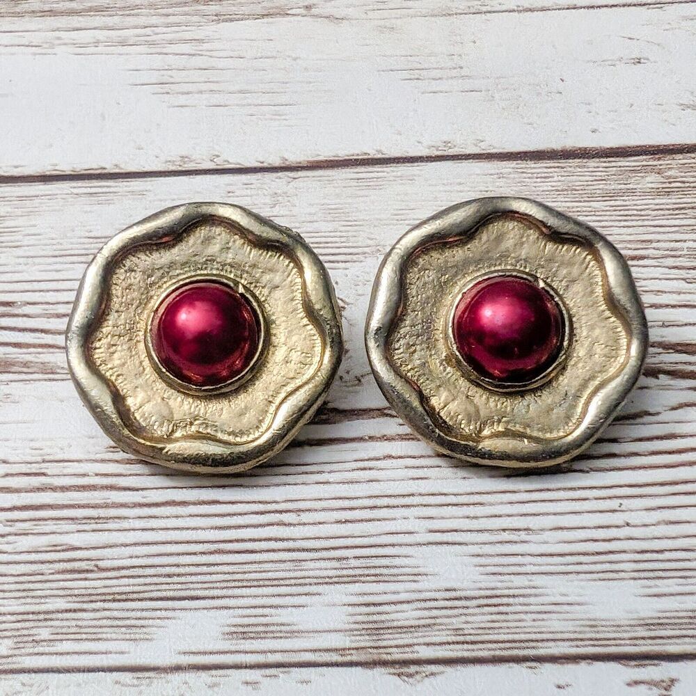 Vintage Clip On Earrings - 1" Gold Tone Wavy with Red Center